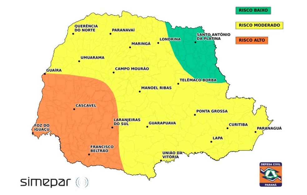 Alerta de temporais para quarta-feira (29) — Foto: Simepar/Defesa Civil