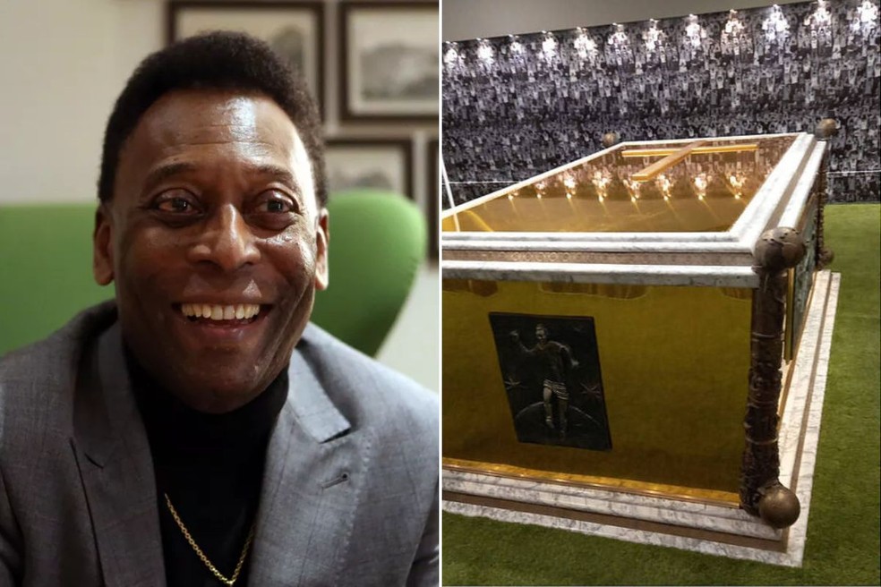 Jazigo de Pelé é dourado e tem imagens de momentos marcantes da carreira do Rei do futebol — Foto: Fábio Motta/Estadão Conteúdo e Reprodução
