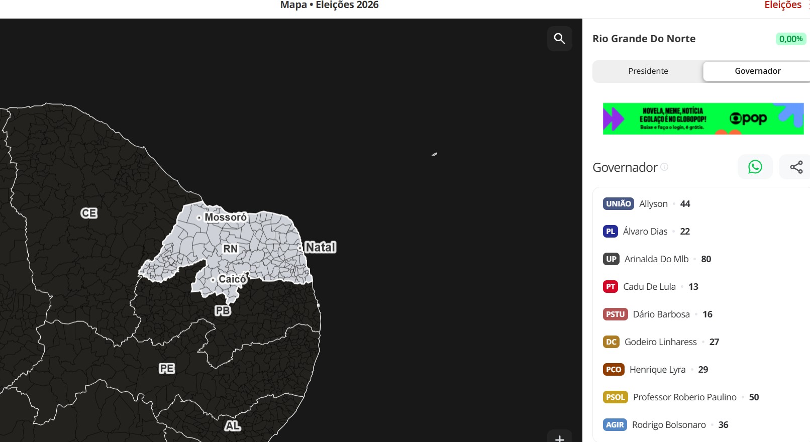 Acompanhe a apuração em tempo real das Eleições 2026 no Rio Grande do Norte