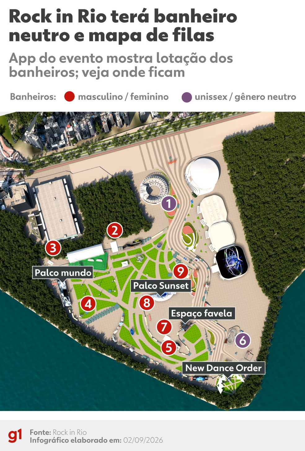 Rock in Rio terá banheiro neutro e dicas contra filas no app — Foto: Editoria de Arte/g1