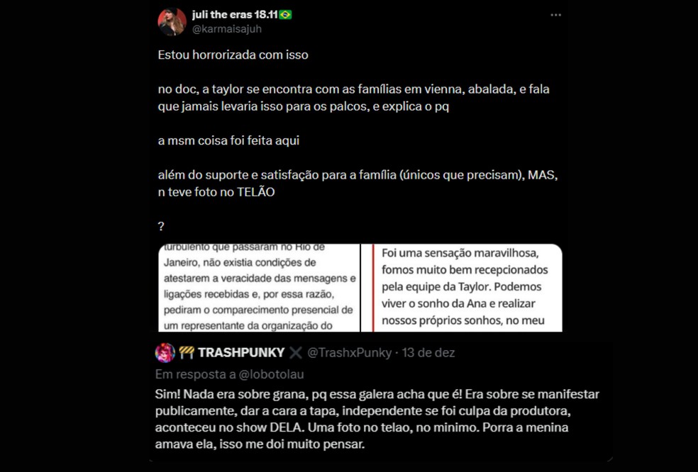 Fãs usam as redes sociais para criticar a ausência de uma menção à morte de brasileira em documentário de Taylor Swift — Foto: Redes sociais