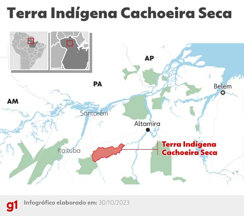 Mapa da Terra Indígena Cachoeira Seca, no Pará — Foto: Arte/g1