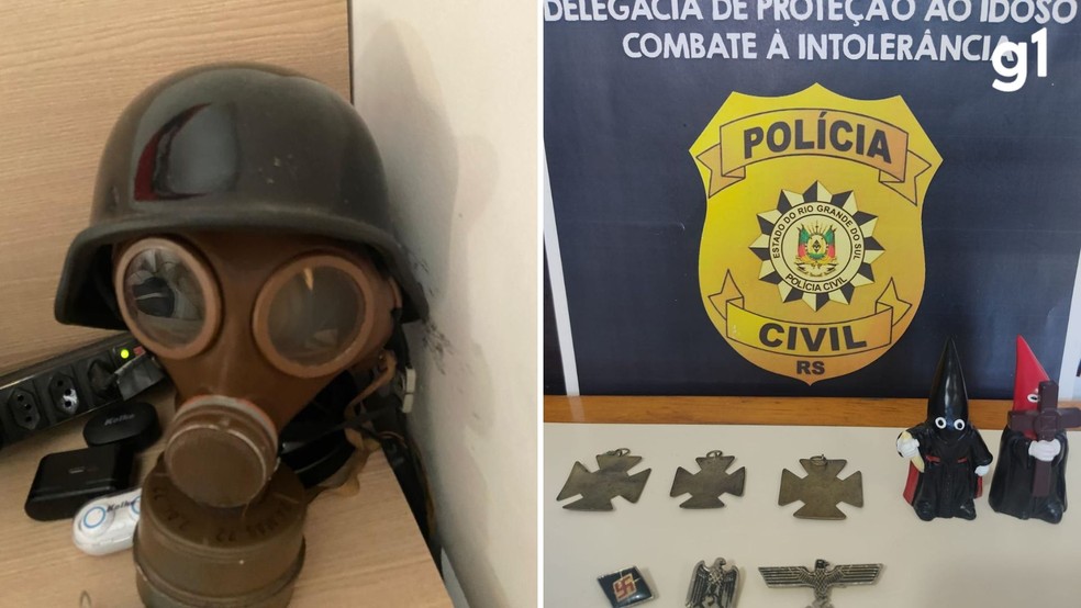 Objetos apreendidos pela polícia durante investigação de caso de apologia ao nazismo em Santa Maria
