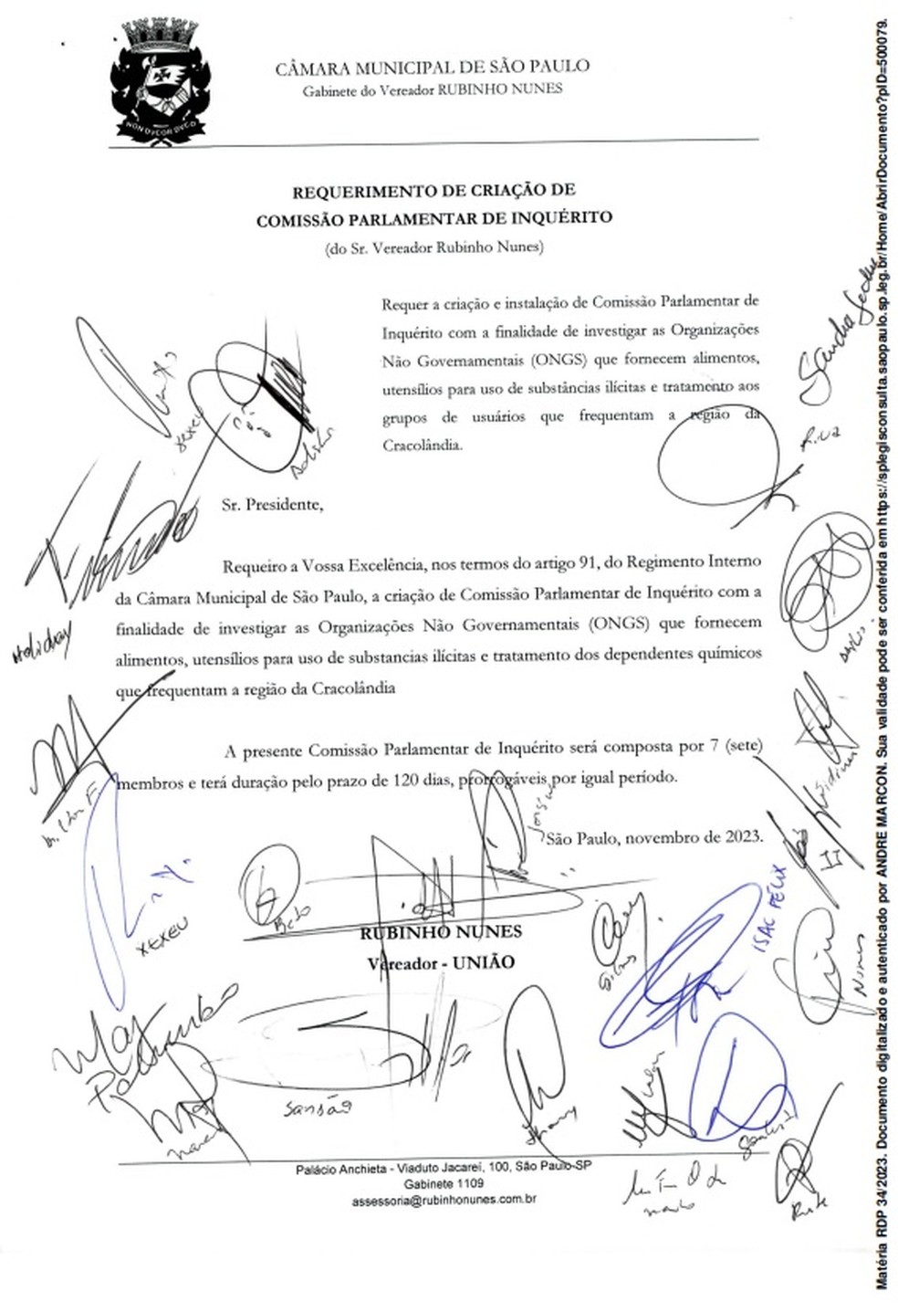 Requerimento de CPI assinado por 25 vereadores da cidade de São Paulo e protocolado por Rubinho Nunes (União Brasil). — Foto: Reprodução