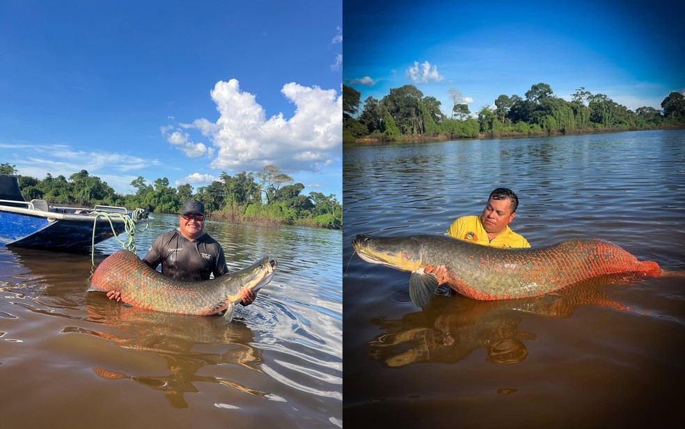 � esquerda, o guia Bolota segura o pirarucu; � dir., o guia Vauiriz, que segurava o anzol no momento em que o peixe fisgou a isca � Foto: Arquivo pessoal/ Bolota e reprodu��o do pefil do Instagram de Vauiriz