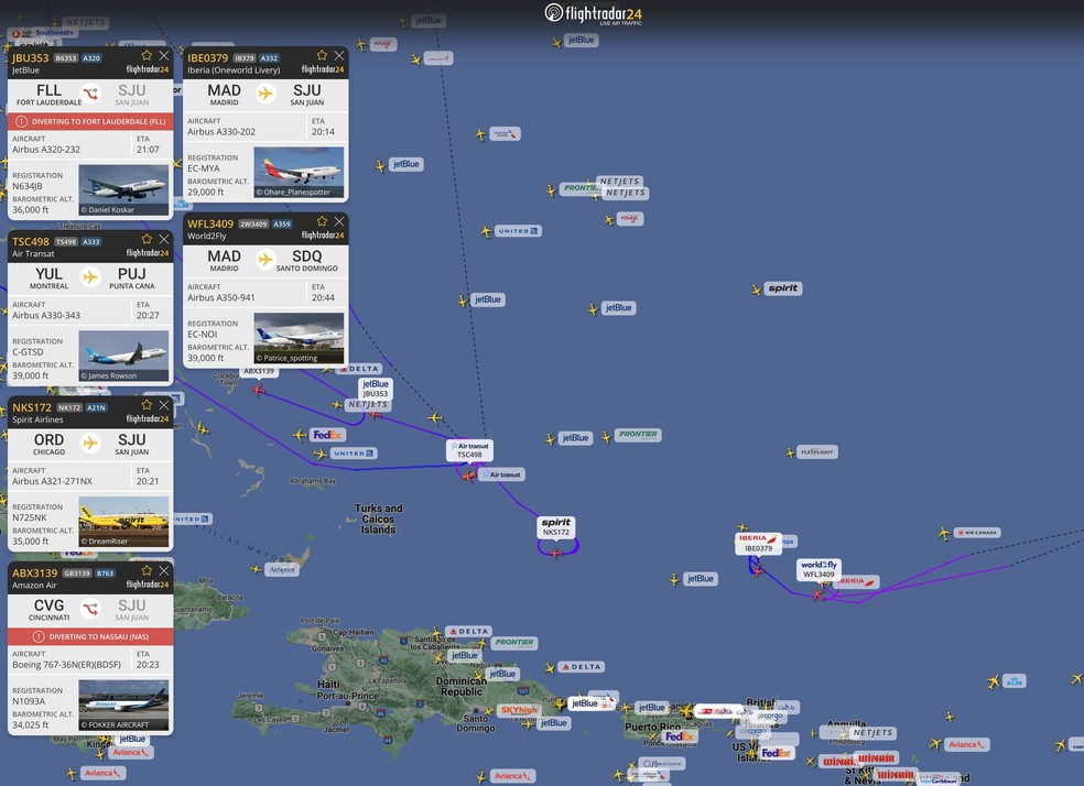 Voos desviam na região do Caribe após nave da SpaceX se desintegrar — Foto: FlightRadar24