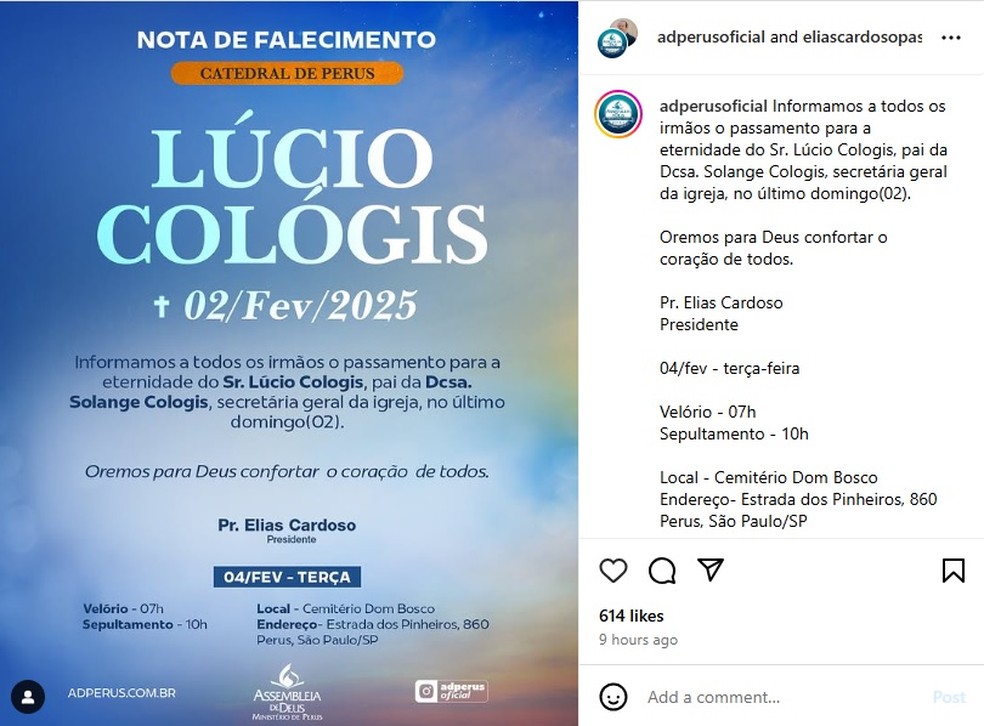 Família anuncia sepultamento do idoso atropelado na faixa de pedestres em Perus, na Zona Norte de SP. — Foto: Reprodução/Redes Sociais