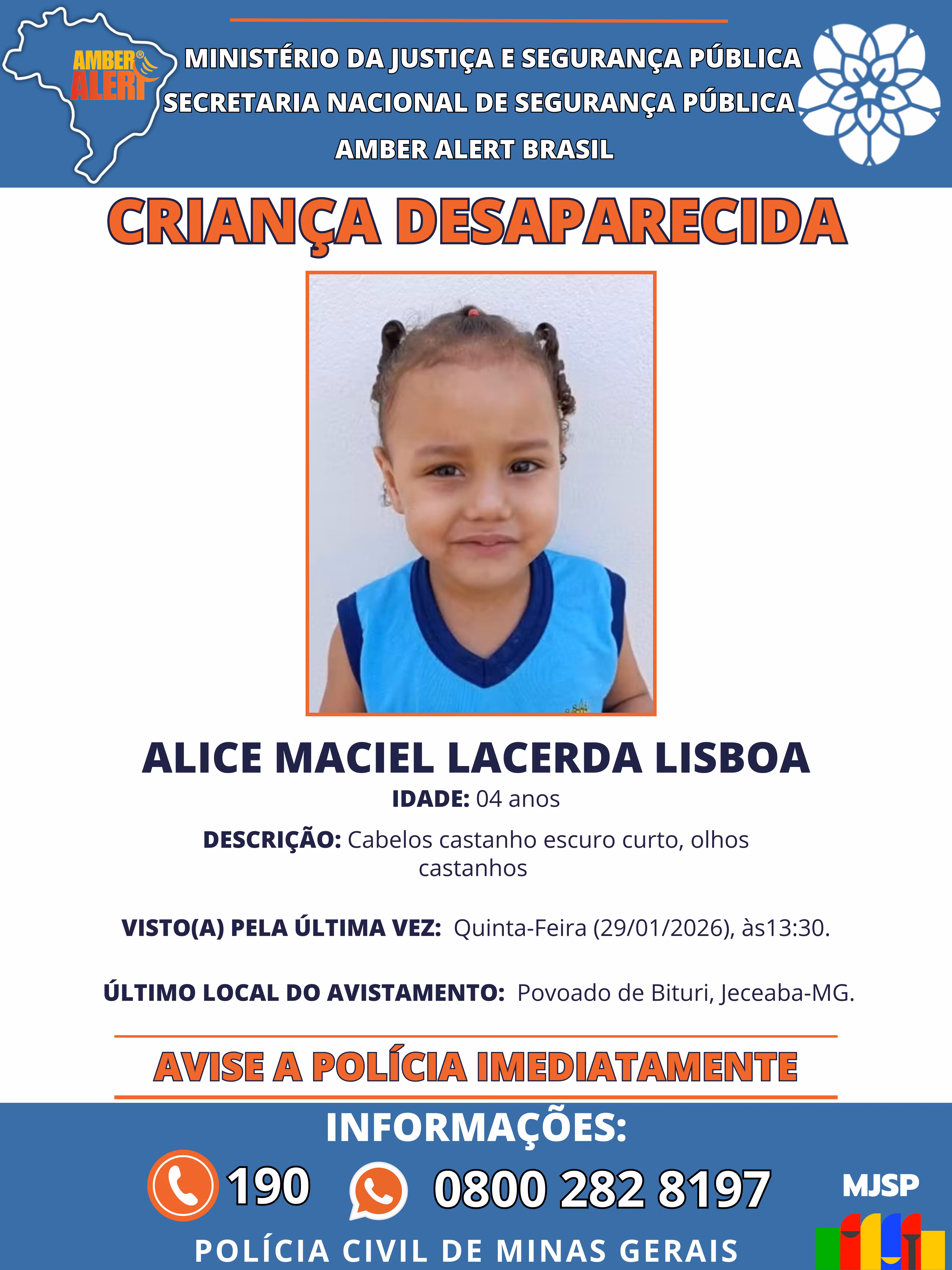 Ministério da Justiça emite alerta sobre desaparecimento de criança autista em MG