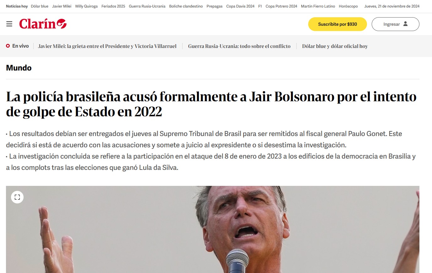 'Relógio começa a correr': Indiciamento de Bolsonaro repercute na imprensa internacional