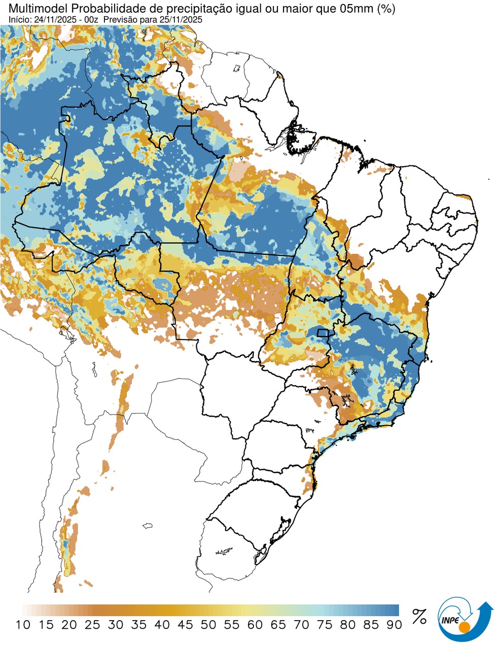 Mapa mostra previsão de chuva para esta terça (25). — Foto: CPTEC/Inpe