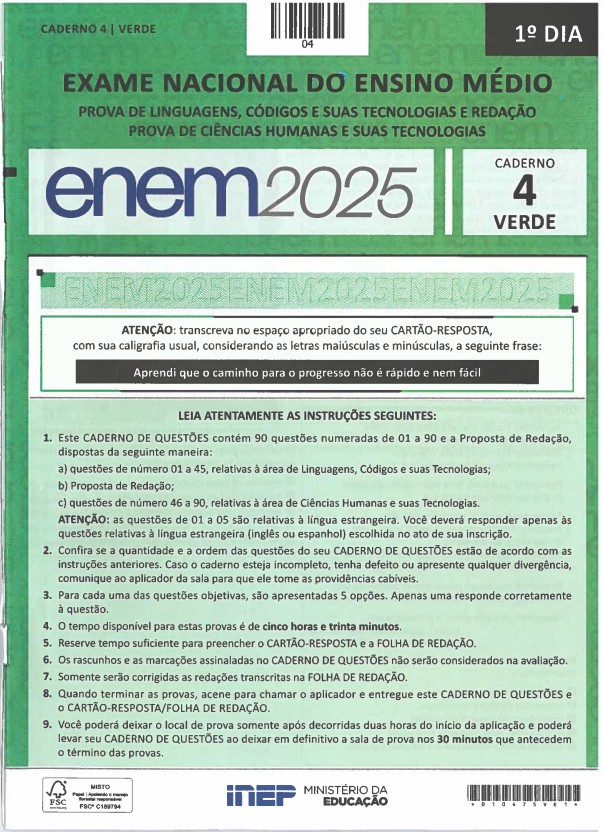 Questões do Enem 2025 - 1º dia: baixe o caderno com a prova de ciências humanas, linguagens e redação