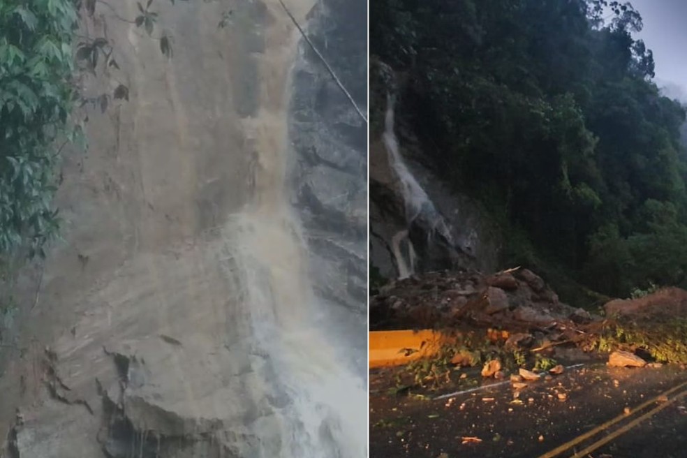Acidente na Mogi-Bertioga causou deslizamento de terra, que ficou espalhada na pista — Foto: Defesa Civil de Bertioga + DER-SP