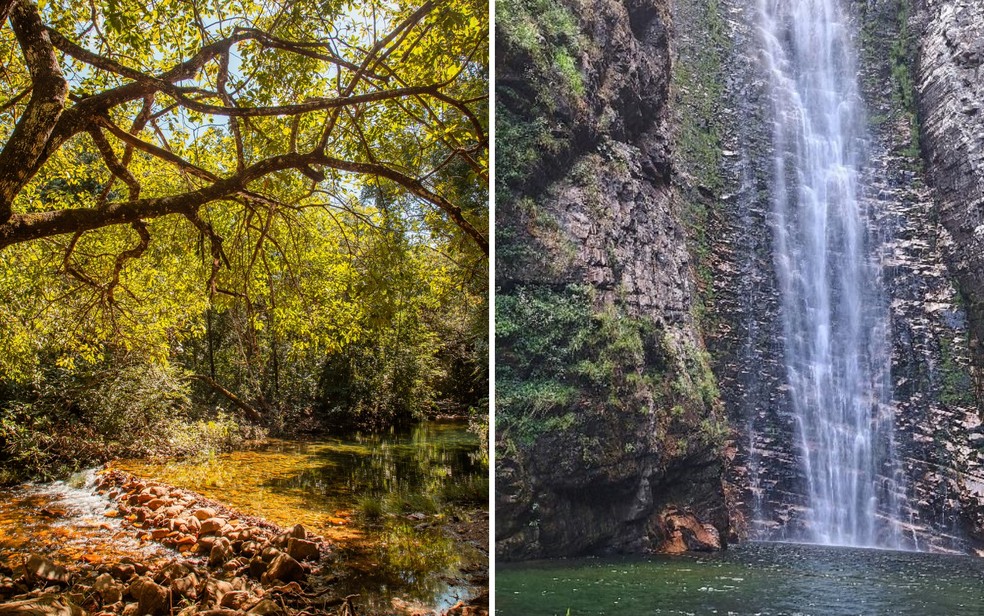 Cachoeira passa a oferecer experiência de nudismo na Chapada dos Veadeiros. À esquerda, área destinada para prática de nudismo. — Foto: Reprodução/Duda Segredo e Karime Abdala