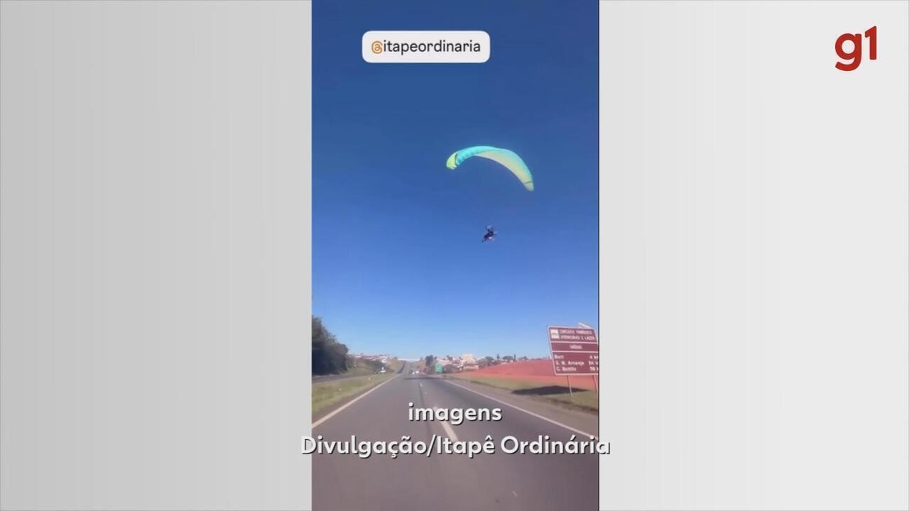 Vídeo mostra momento em que parapente cai às margens de rodovia em Itapetininga