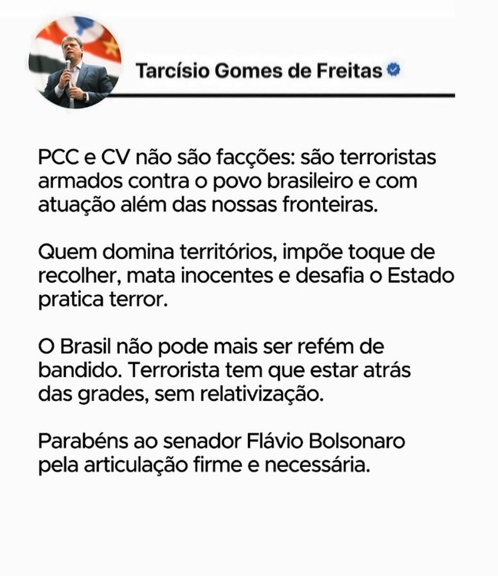 Postagem de governador Tarcísio de Freitas — Foto: Reprodução/Instagram