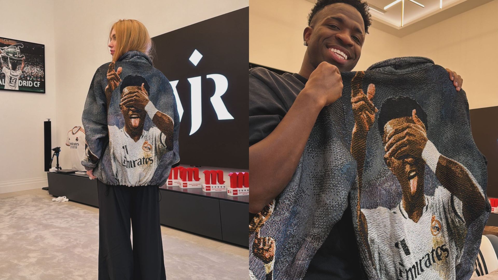 Virgínia exibe jaqueta com rosto de Vini Jr bordado