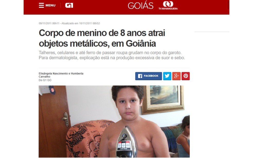 Matéria g1 Goiás sobre o menino imã em 2011 — Foto: Reprodução