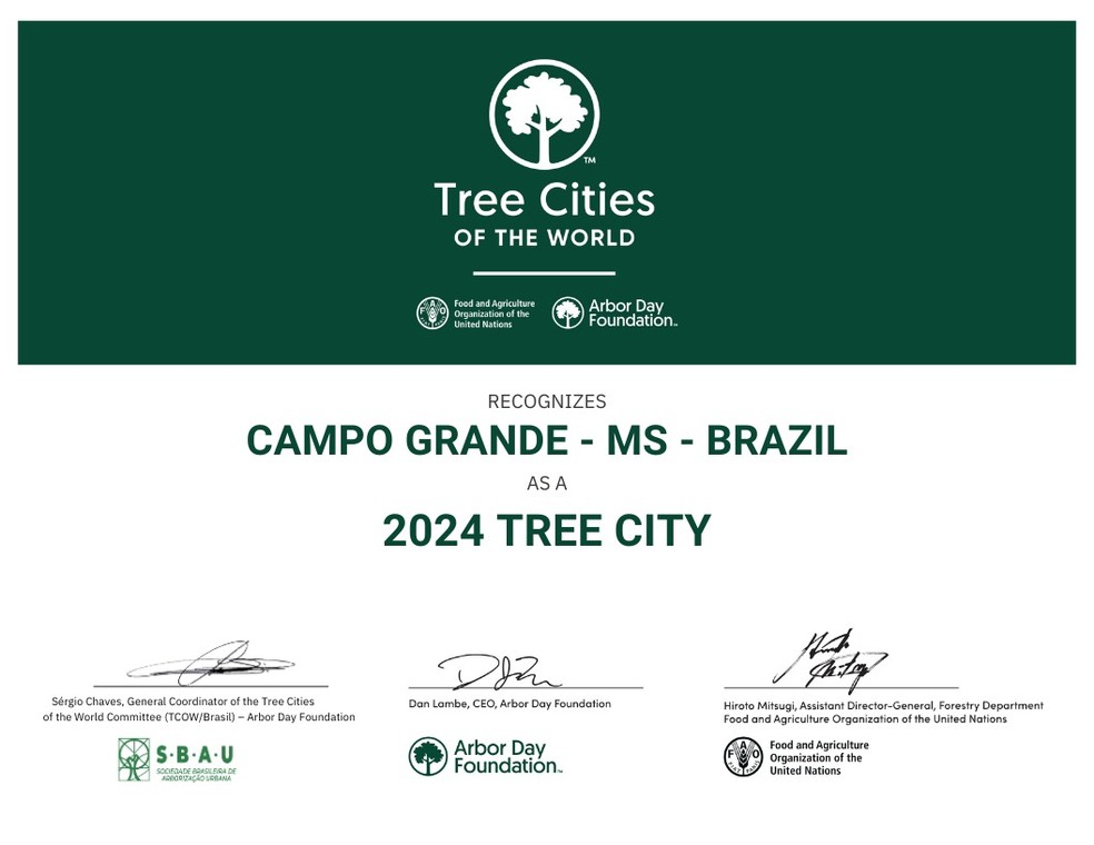 Campo Grande é hexa em título de Tree City of the World — Foto: Prefeitura de Campo Grande