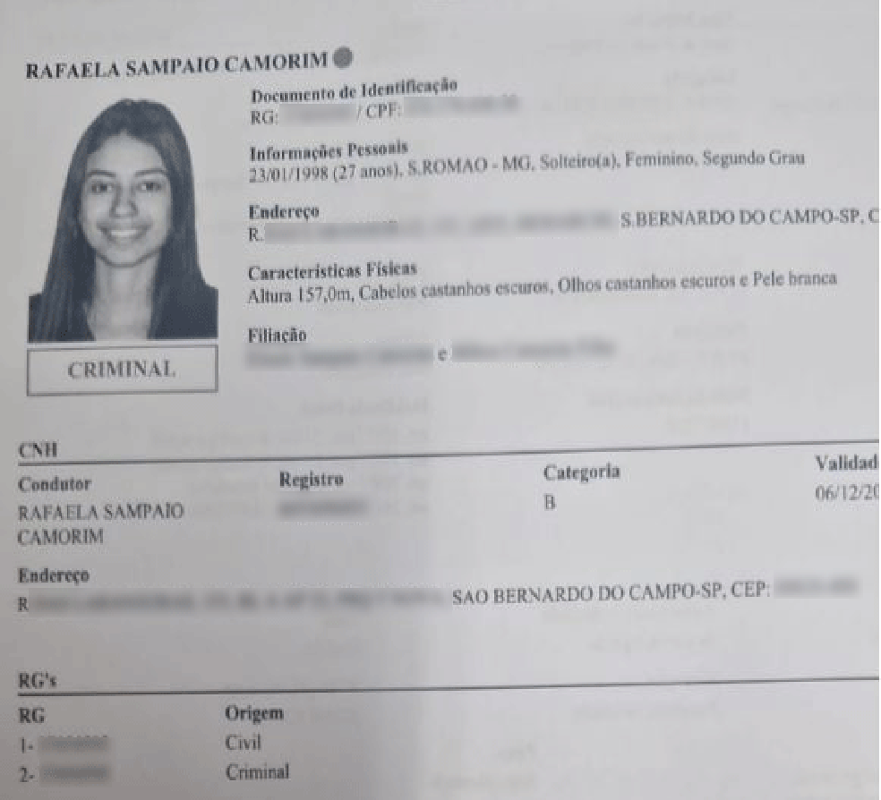 Rafaela Camorim tem ficha criminal por furto e roubo, segundo policiais — Foto: Reprodução