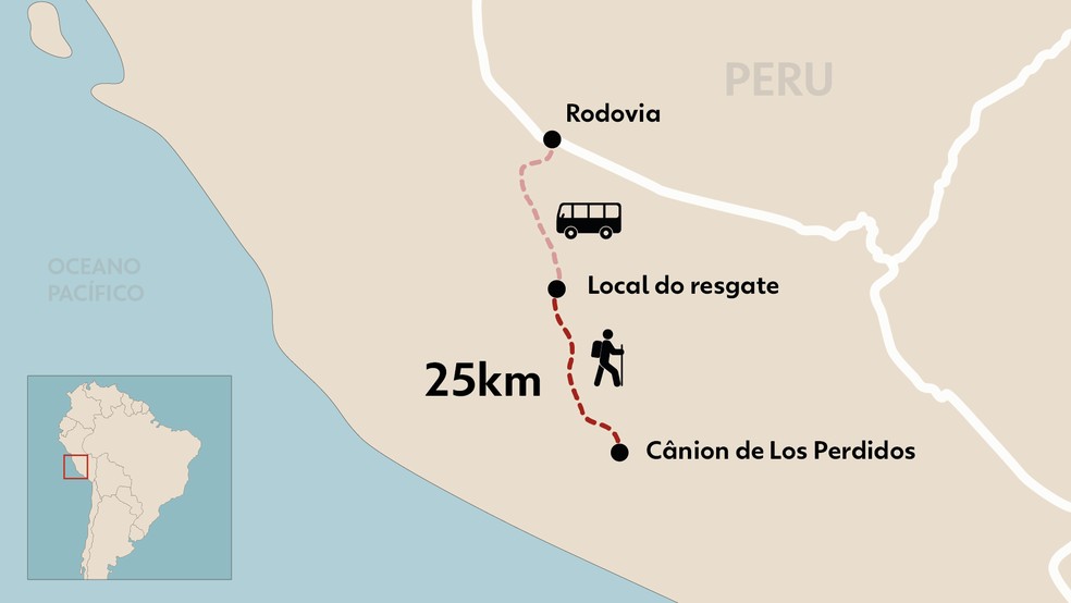 Mapa mostra trajeto de 25 km que turistas brasileiros assaltados no Peru fizeram para conseguir ajuda � Foto: Fabio Furtado/Artes/RPC