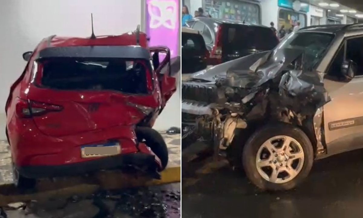 Carro de luxo invade estacionamento de shopping e atinge três veículos em Salvador; vídeo mostra violência da batida