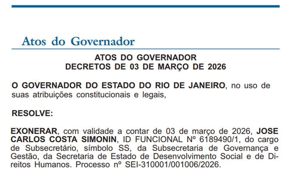 Ato de Cl&aacute;udio Castro exonera Jos&eacute; Carlos Simonin &mdash; Foto: Reprodu&ccedil;&atilde;o