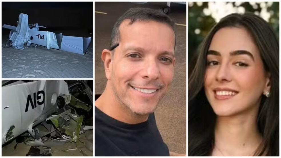Victor Manoel Brito, de 43 anos, e Bruna Emanoely Silva Pereira, de 23, morreram na queda de um avião de pequeno porte no Parque Nacional dos Lençóis Maranhenses, em Santo Amaro do Maranhão — Foto: Montagem/g1
