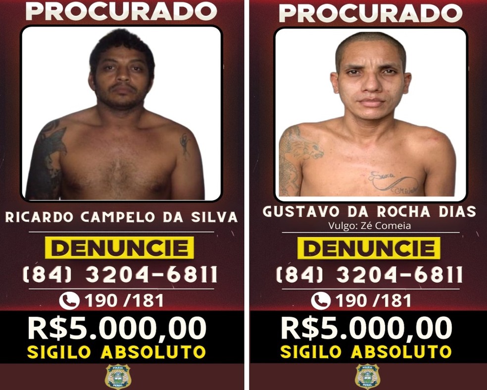 Governo oferece R$ 5 mil por informações que levem a prisão de cada um dos fugitivos da Penitenciária Rogério Coutinho Madruga — Foto: Reprodução