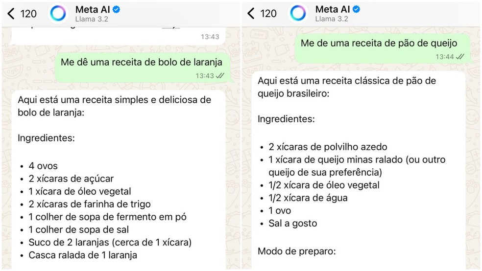 Meta AI também pode compartilhar receitas — Foto: Reprodução/WhatsApp