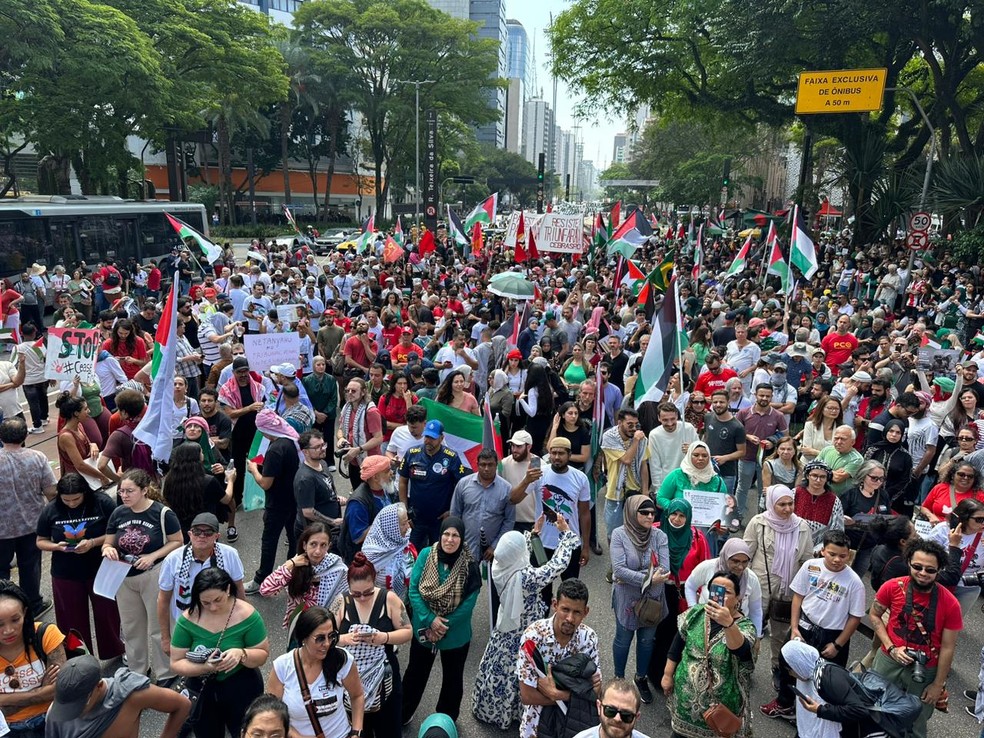 Manifestantes fazem ato pró-Palestina na Av. Paulista, na tarde deste domingo (22) — Foto: Abraão Cruz/TV Globo