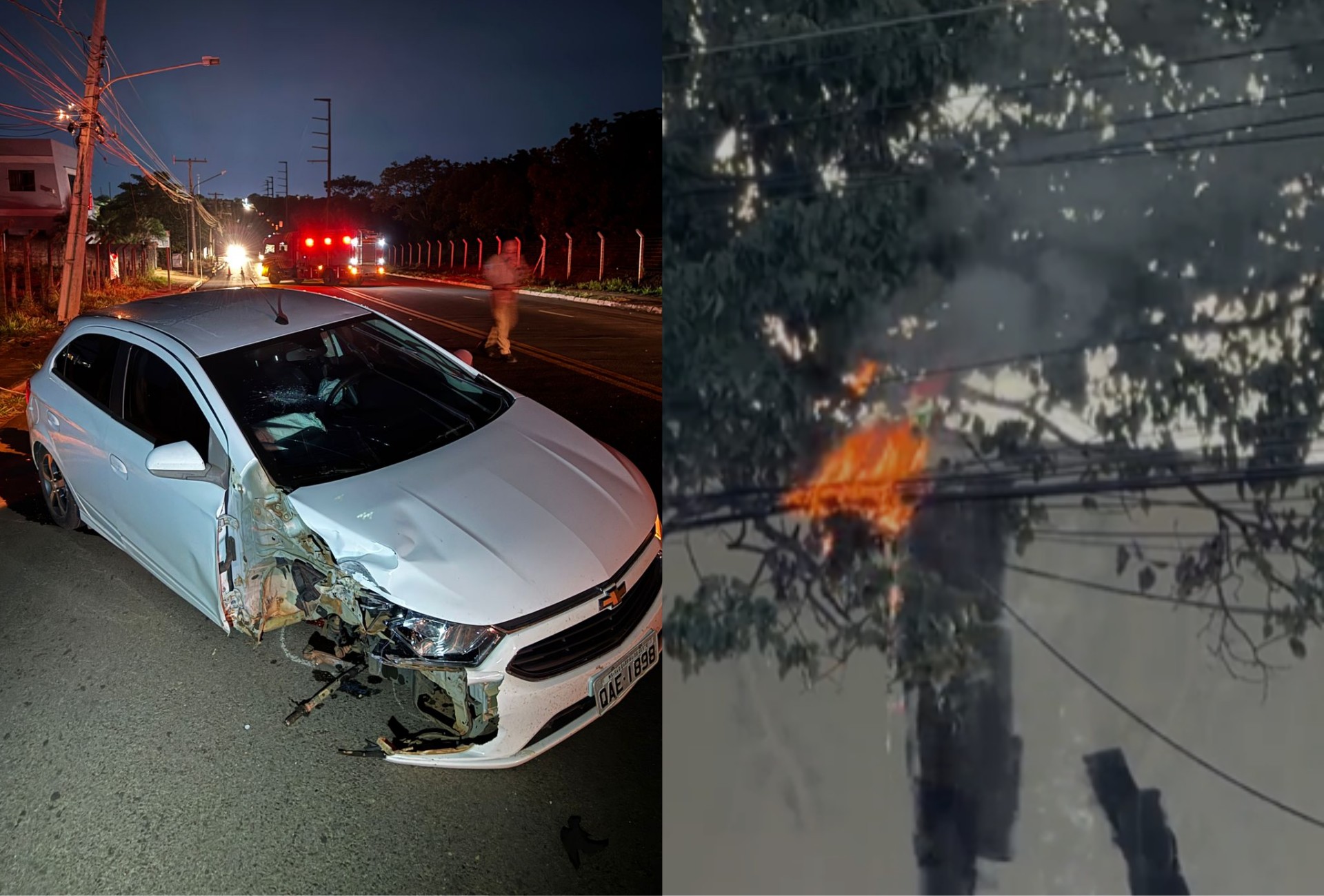 Carro bate em poste e provoca incêndio em fiação durante a madrugada em Campo Grande