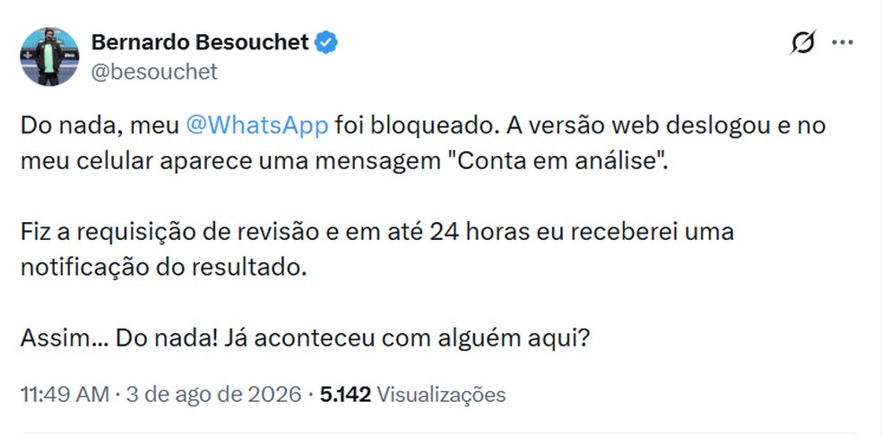 Usuários relatam conta bloqueada no WhatsApp — Foto: Reprodução/X