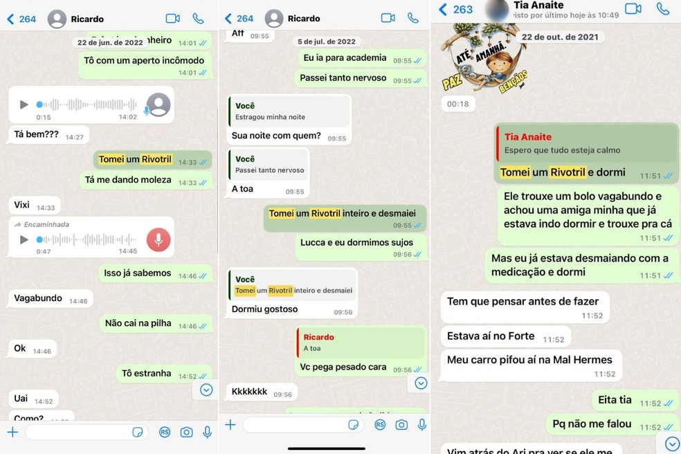 Juliana encaminhou ao g1 prints de conversas em que mencionava ter ficado sonolenta ap&oacute;s tomar rivotril &mdash; Foto: Arquivo Pessoal