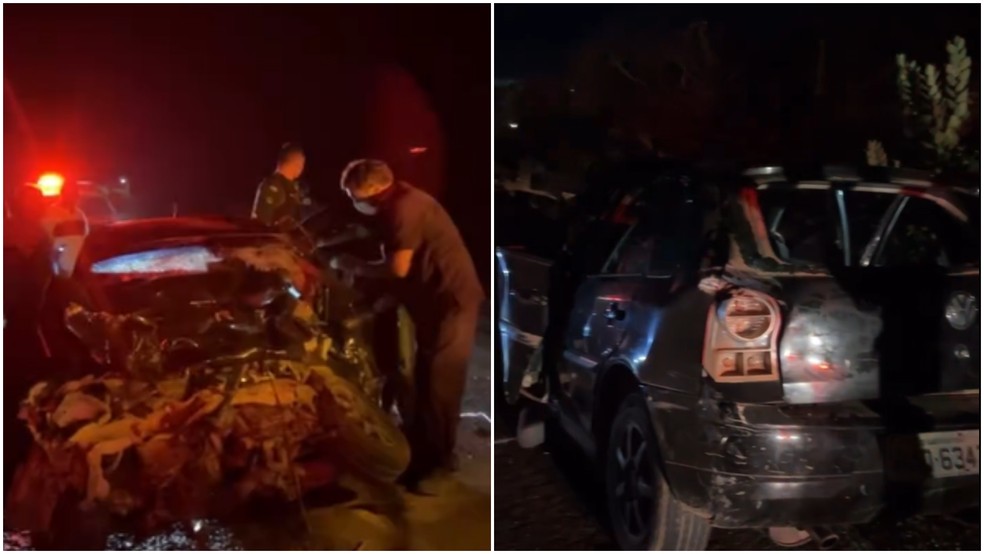 Capô do carro ficou destruído após colisão frontal com caminhão; três dos ocupantes morreram — Foto: Reprodução