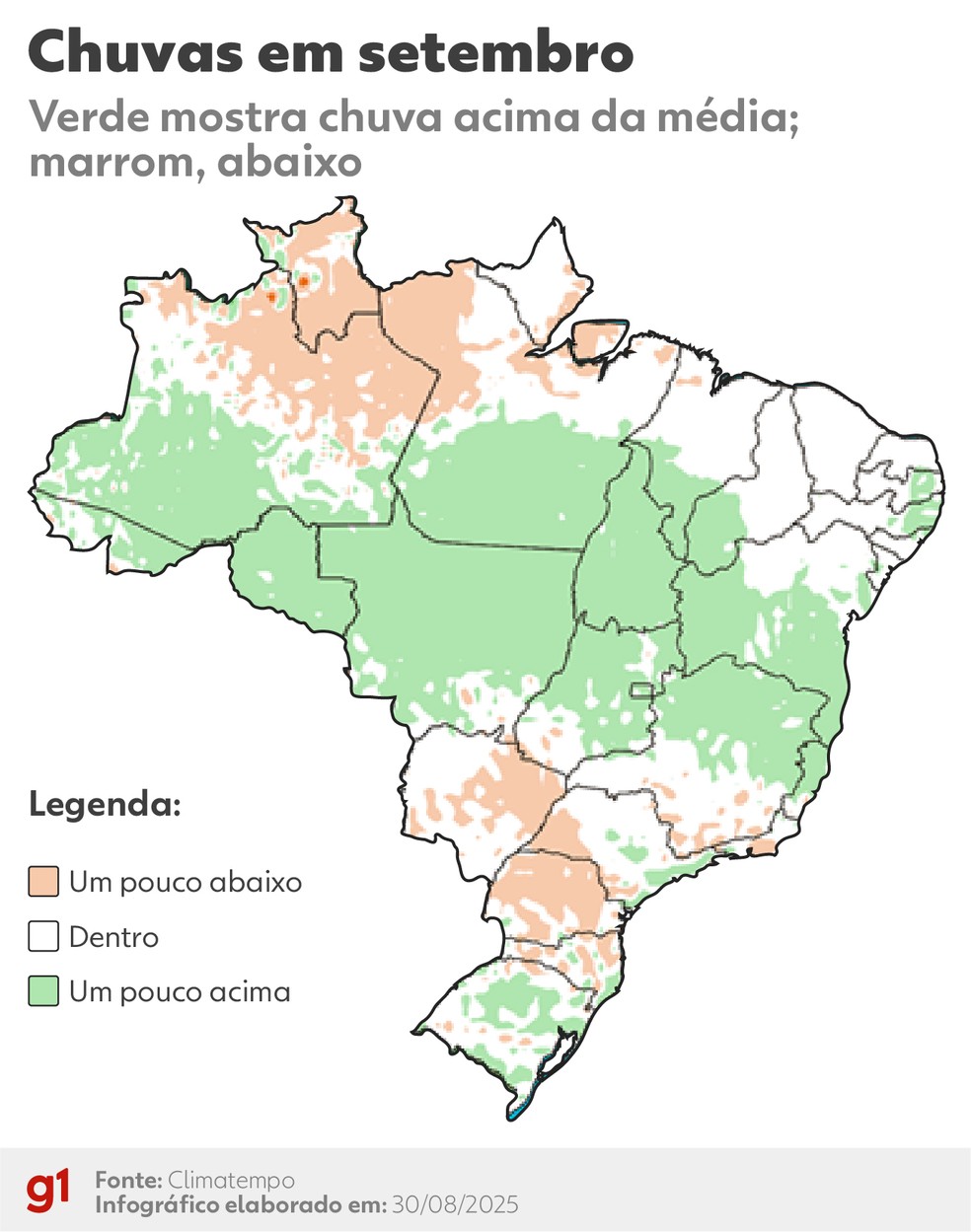 Previsão de chuvas em setembro. — Foto: Arte/g1 - Kayan Albertin