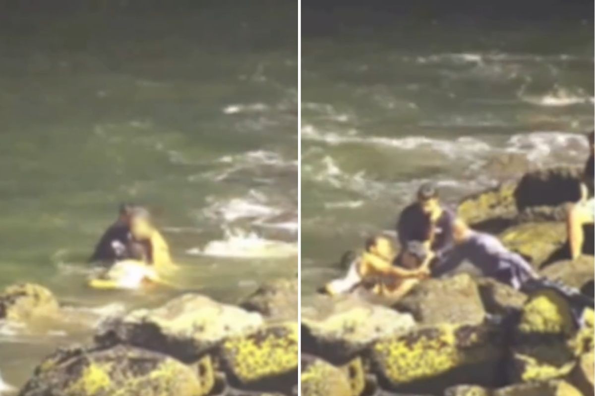 Vídeo mostra PM entrando no mar de farda para resgatar homem no litoral de SP; VEJA