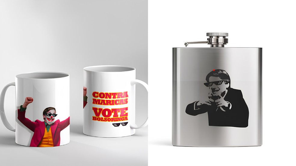 Produtos com mensagens políticas, referências a armas e frases provocativas são comercializados livremente na internet. — Foto: Reprodução/Internet