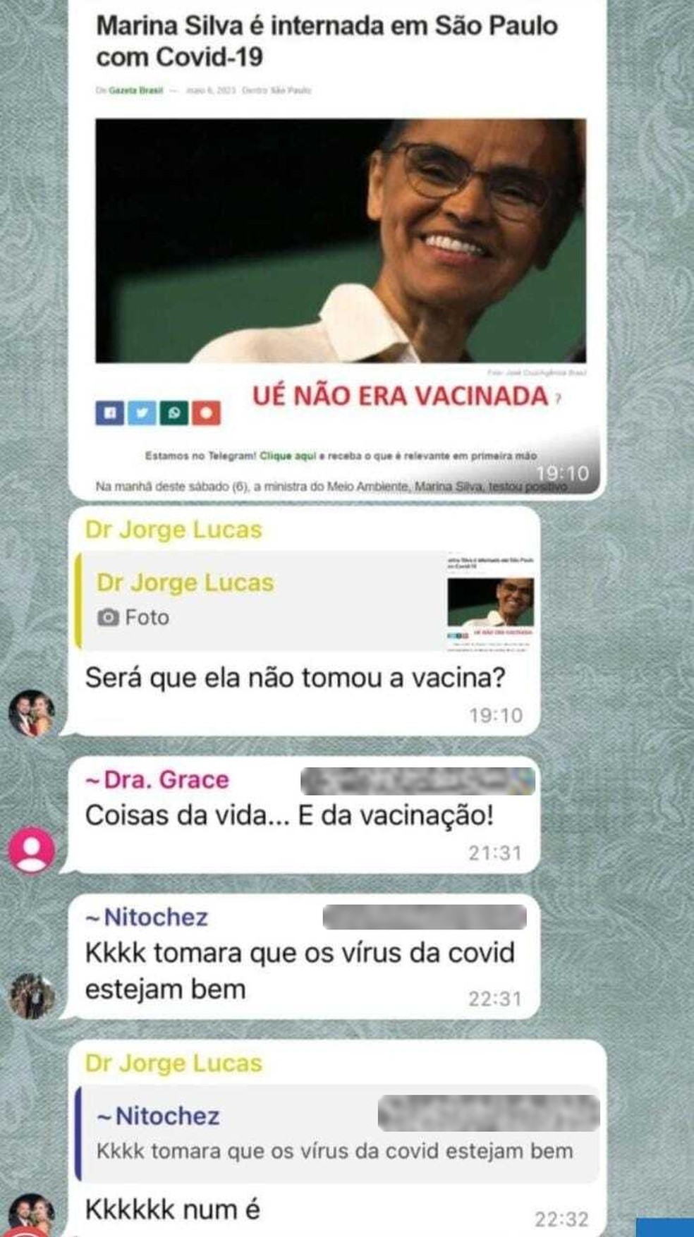 Prints mostram médicos questionando vacinação e debochando da saúde da ministra Marina Silva — Foto: Reprodução