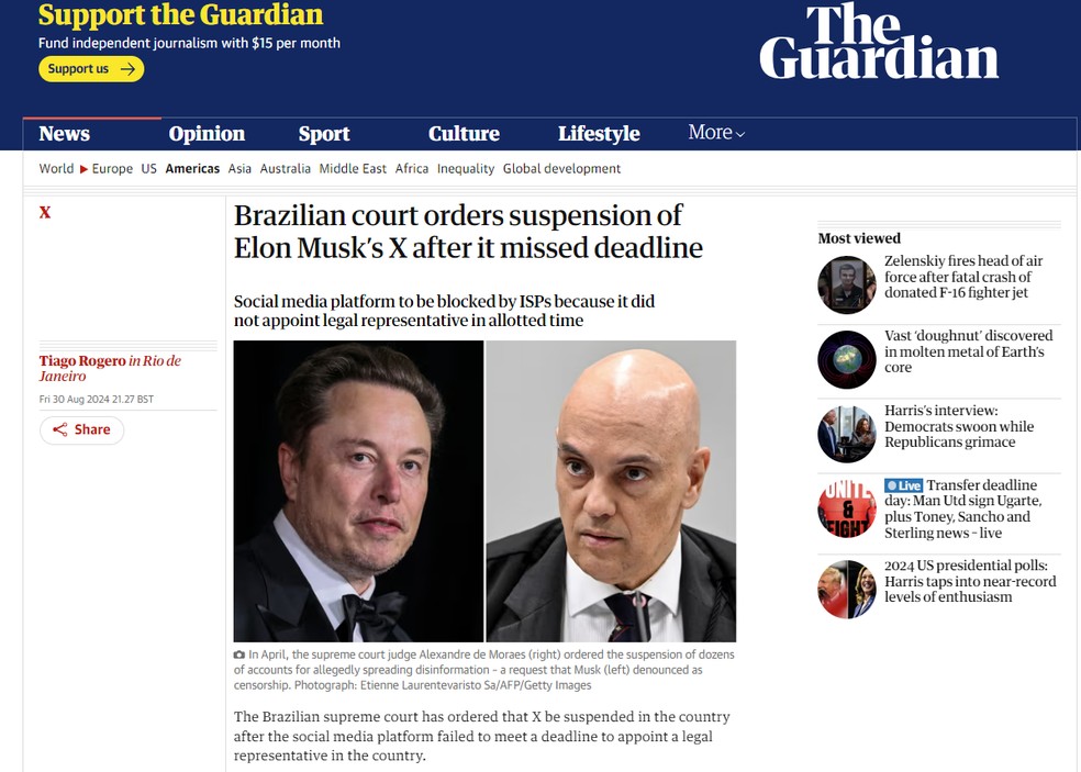 Reportagem do jornal The Guardian, do Reino Unido, sobre a ordem do bloqueio da rede social X no Brasil pelo ministro do STF Alexandre de Moraes em 30 de agosto de 2024. — Foto: Reprodução/The Guardian