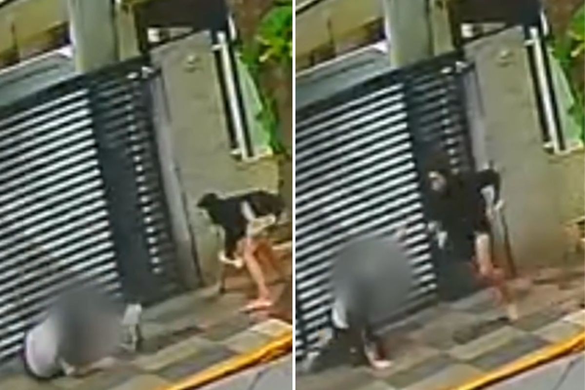 Homem persegue e derruba mulher em calçada durante assalto no litoral de SP; VÍDEO