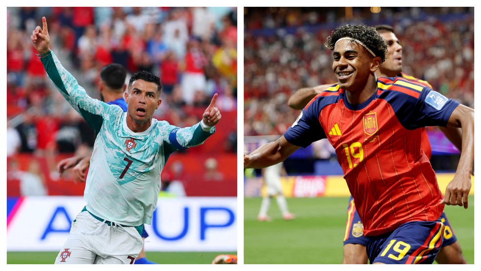 Portugal e espanha se enfrentam nas oitavas da Copa do Mundo de 2026 nesta segunda-feira (6) — Foto: Montagem/g1