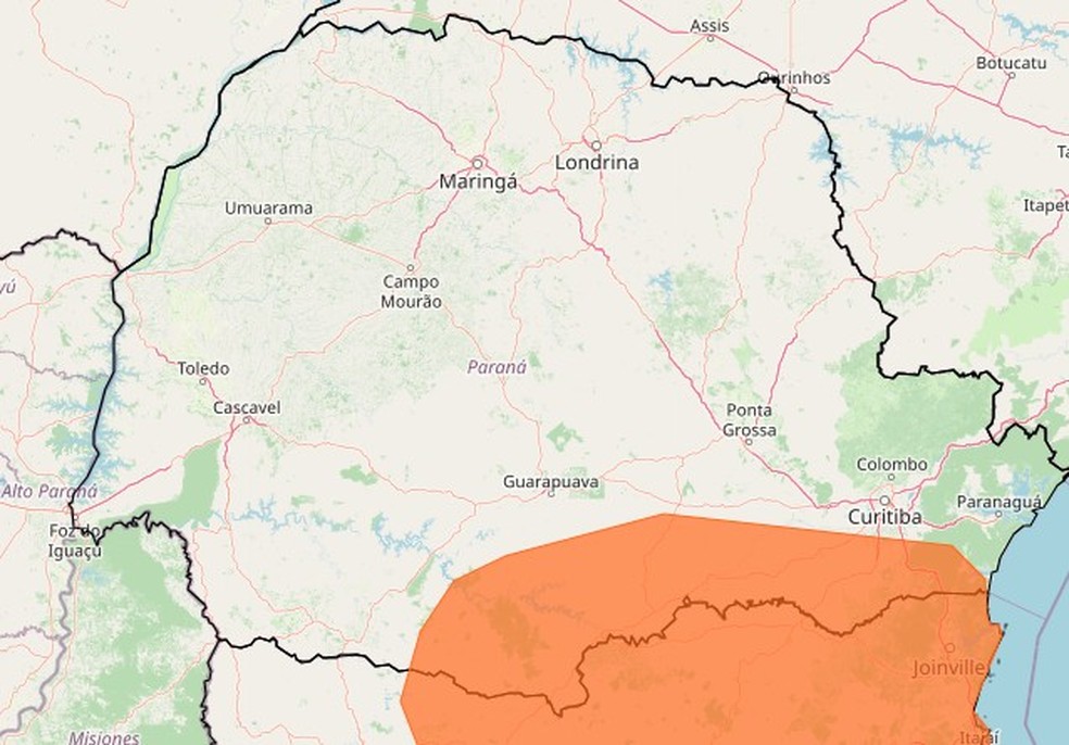 Inmet emitiu alerta de tempestade para o Paraná — Foto: Reprodução/Inmet