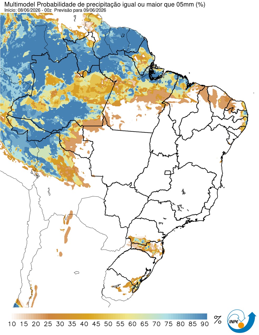 Previsão de chuva nesta terça em todo o país. — Foto: CPTEC/Inpe