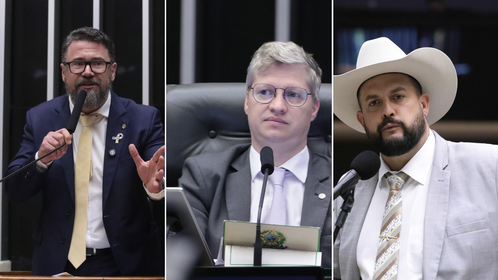 Montagem com as fotos dos deputados Marcos Pollon (PL-MS); Marcel van Hattem (Novo-RS); e Zé Trovão (PL-SC) — Foto: Agência Câmara