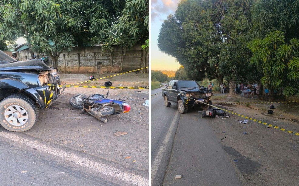 Batida entre carro e moto, na GO-330, em Goiás — Foto: Reprodução/TV Anhanguera