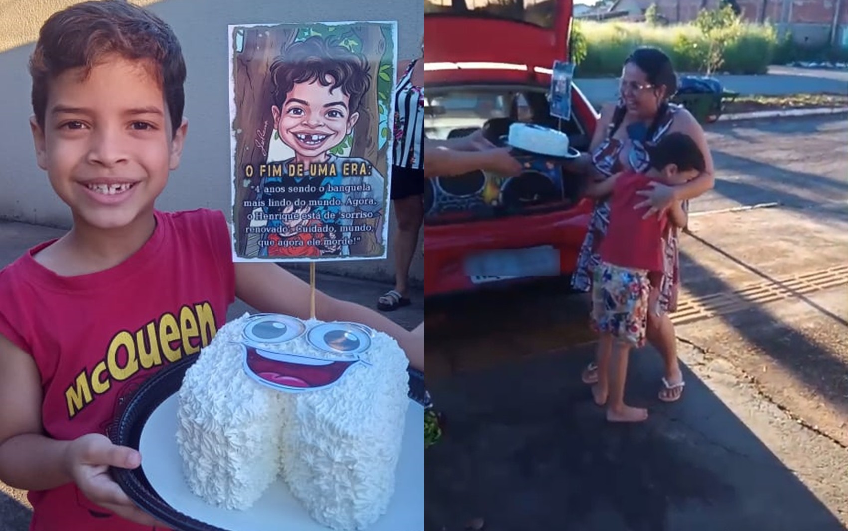 Após acidente que o deixou banguela, menino comemora novo dentinho com bolo e música criada pelo pai com ajuda de I.A