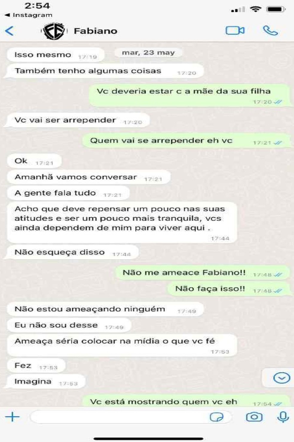 Conversas enviadas pela ex-mulher de Luis Fabiano à Polícia Civil — Foto: Arquivo pessoal