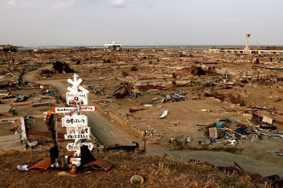 Distrito de Yuriage que foi devastado pelo terremoto e tsunami que atingiram o nordeste do Japão em 11 de março de 2011 — Foto: GETTY IMAGES