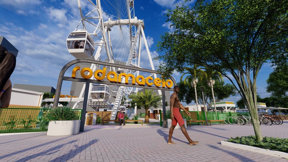 Ilustração mostra como será roda-gigante na orla de Pajuçara, em Maceió — Foto: Interparques Holding