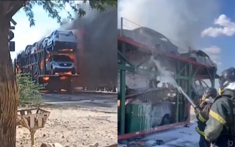 Caminhão-cegonha que transportava veículos pega fogo em rodovia no norte da Bahia — Foto: Arte g1